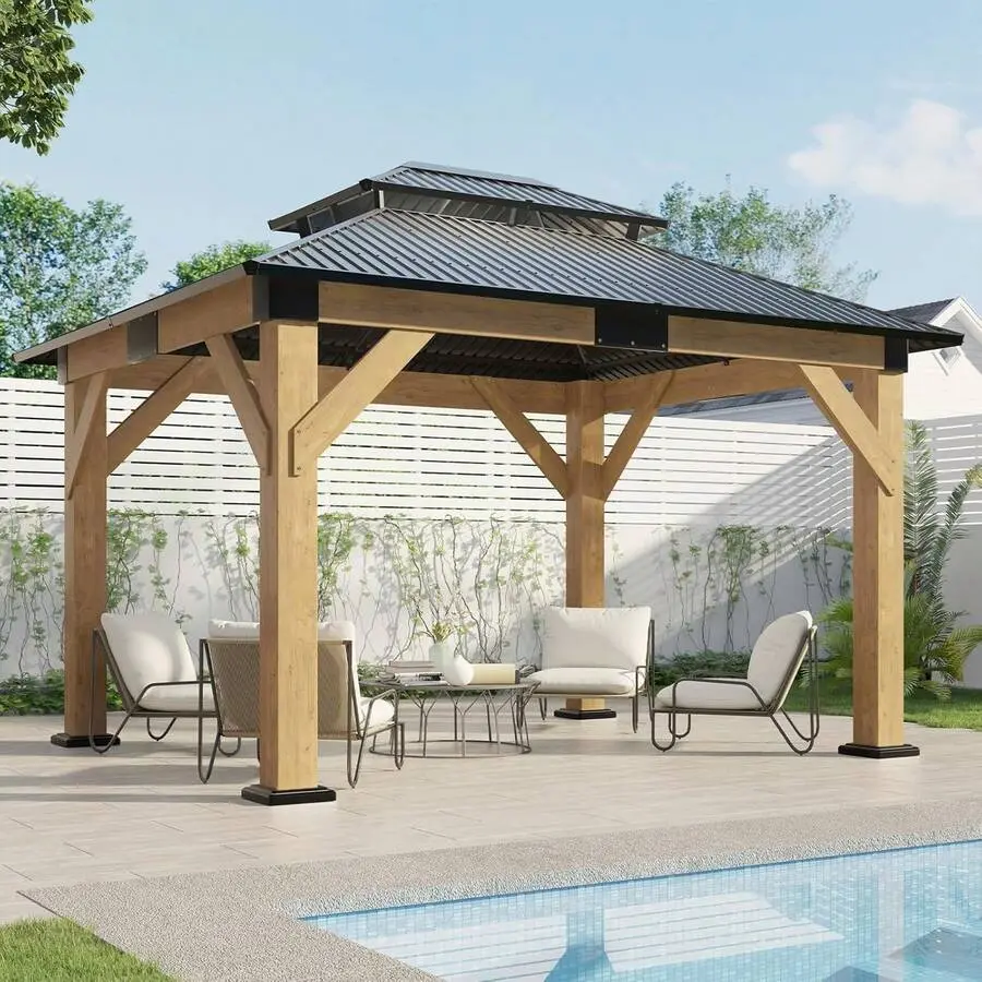 10*12 FT Hardtop Gazebo With Aluminum Double Roof – FSC Spruce Wood Frame Outdoor Pavilion Backyard Patio