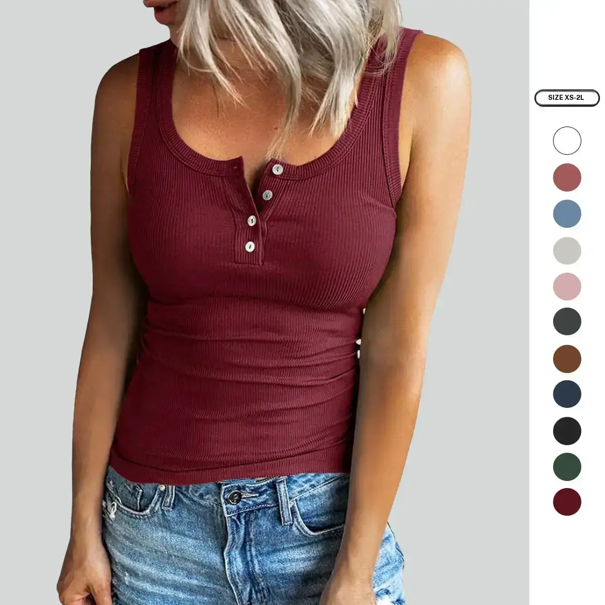 Imily Bela Women Henley Tank Tops Scoop Neck Ribbed Tops Summer Sleeveless Shirts Slim Fit Cami Knit Tees