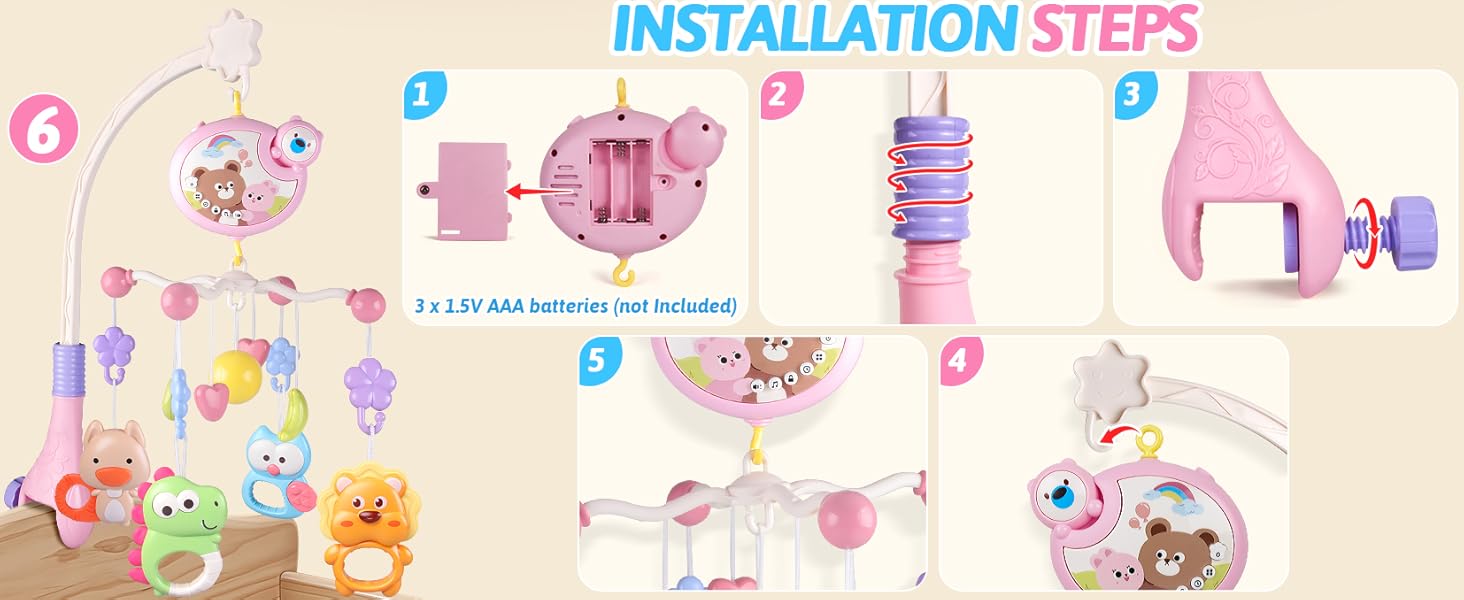 Crib Mobile with Music and Lights, Baby Mobiles for Cribs, Nursery Musical Mobile for Bassinets Toys Hanging Girls Boys, Pack and Play Space Portable Animal Mobile Hanger Arm Clip On Attachment