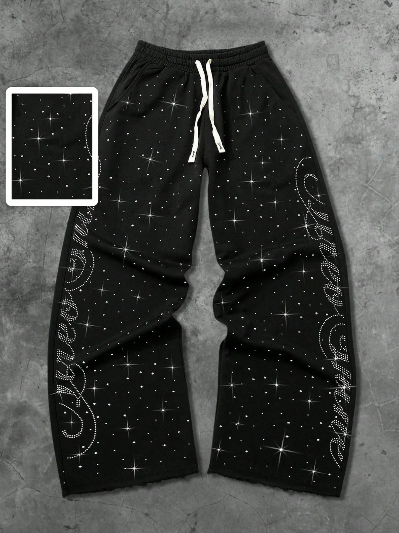 Mens Wide Leg Sweatpants Red Drawstring Waist Rhinestone Letter Graphic Print Raw Hem Sparkle Diamond Decor Hip Hop Streetwear Y2K Vintage Retro Casual Urban Basic Fall Winter Daily Wear Mens Clothing Trousers