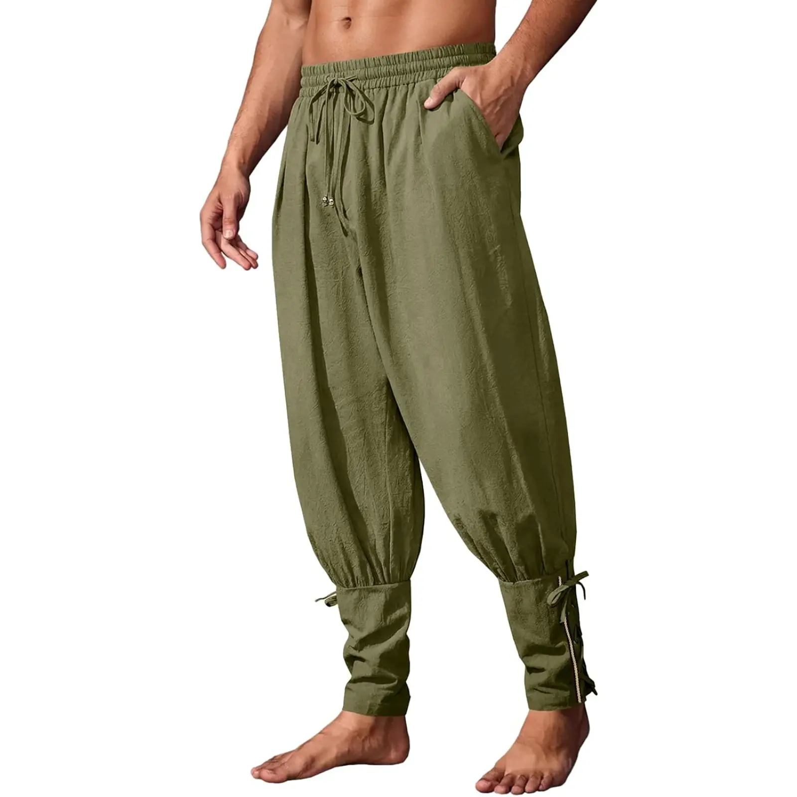 Runcati Mens Medieval Ankle Banded Pants Pirate Renaissance Viking Navigator Pants Lace Up Cotton Halloween Costume Trousers