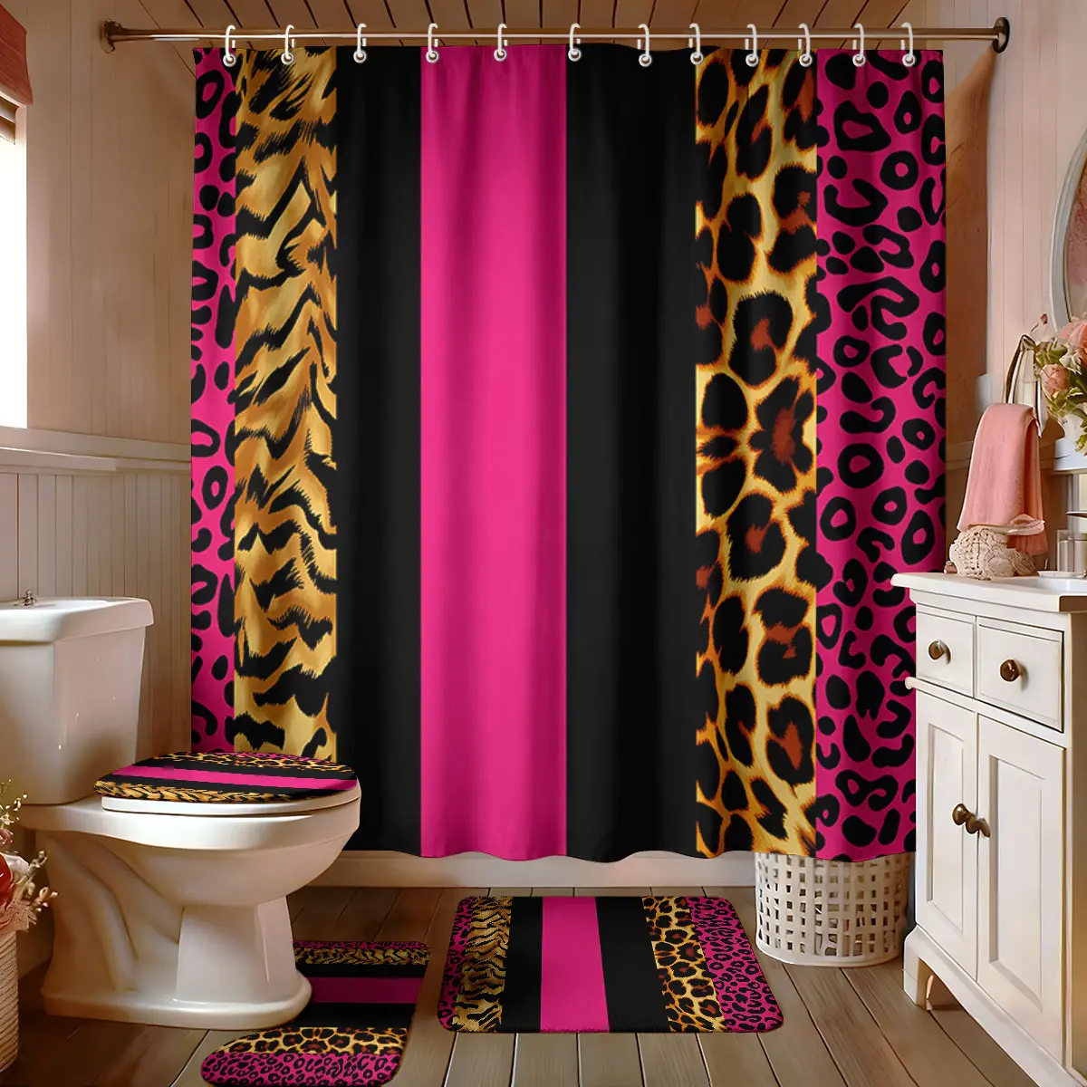 4 pieces of leopard and zebra-printed color-blocked striped bathroom sets, including an anti-slip mat, toilet seat, and bath mat, perfect for modern bathroom decoration. The set also includes a bathroom organizer with 12 hooks.