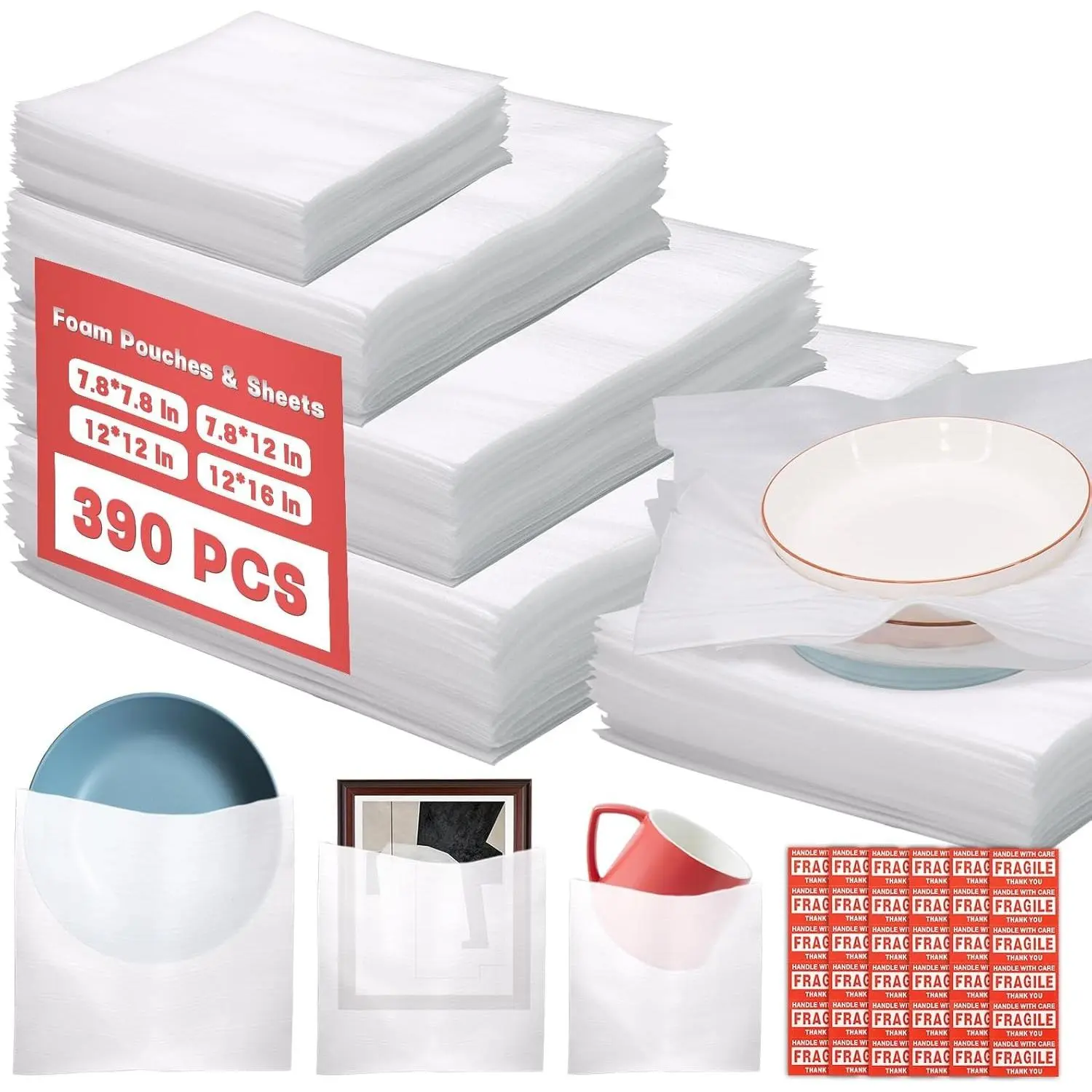 390 Pcs Moving Supplies, 270 Foam Pouches & Foam Sheets, 4 Sizes Packing Foam Pouches with 120 Fragile Stickers for Protect Cushion Dishes Storage Supplies (7.8X7.8", 7.8X12", 12X12", 12X16")