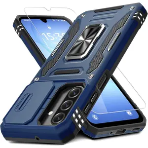DEERLAMN Case for Samsung Galaxy A17 5G with Slide Camera Cover+Screen Protector (1 Pack), Rotated Ring Kickstand Military Grade Shockproof Protective Cover-Navy Blue