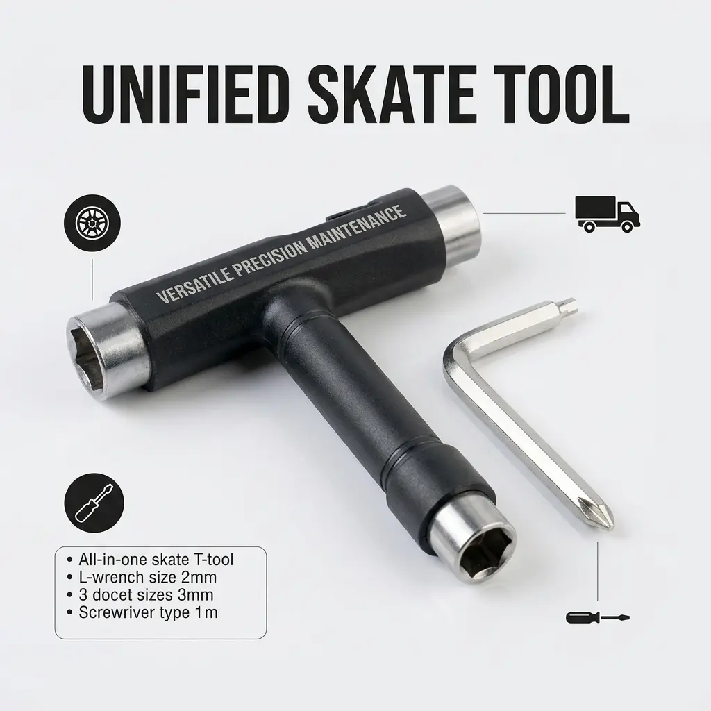 Professional Multi-Function Skateboard Tool Set with T-Handle and L-Shaped Hex Wrenches for Precision Wheel, Truck, and Bolt Adjustment—Compact 3-Hole Design for Easy On-Skate Maintenance and Hardware Tightening