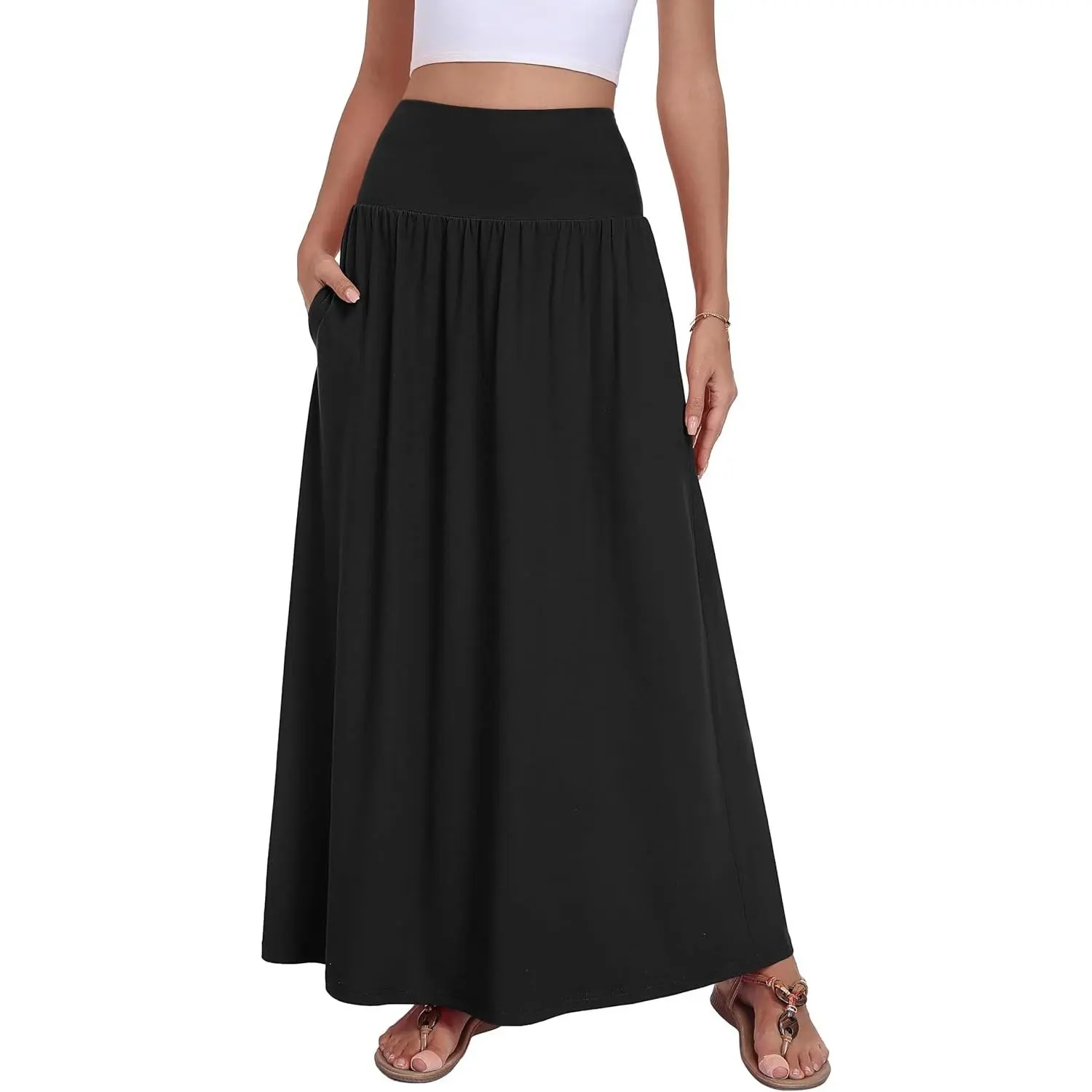 Women's Maxi Long Skirts 2026 Casual A-line Elastic High Waist Flowy Skirt with PocketsGift