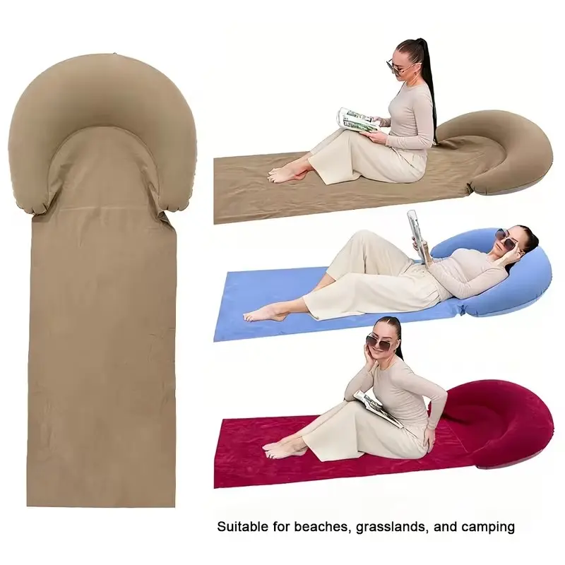 Beach Mat with Inflatable Headrest, Anti-Sand Outdoor Pad, Portable Folding Mattress for Camping and Picnics, Sunbathing Mat