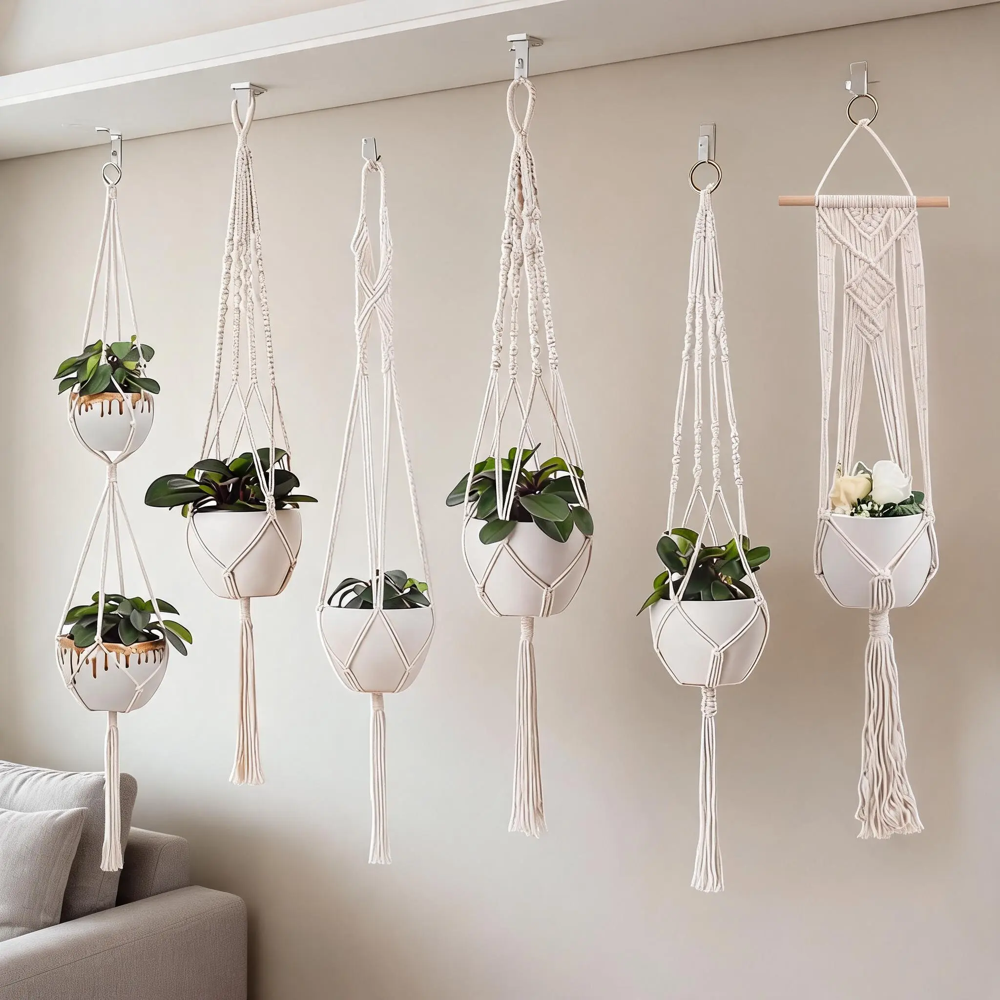 6 Pack Boho Macrame Plant Hangers, Hand Woven Cotton Hanging Plant Holder with 5 Different Lengths, Ceiling & Wall Decor for Multiple Pots