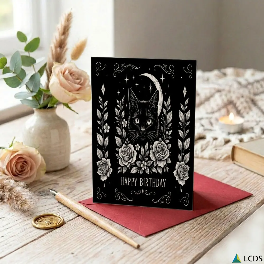1pc Black Cat and Rose Birthday Card Gothic Vintage Design Suitable for Friends Family Colleagues Pet Lovers Holiday Gifting Daily Use All Season
