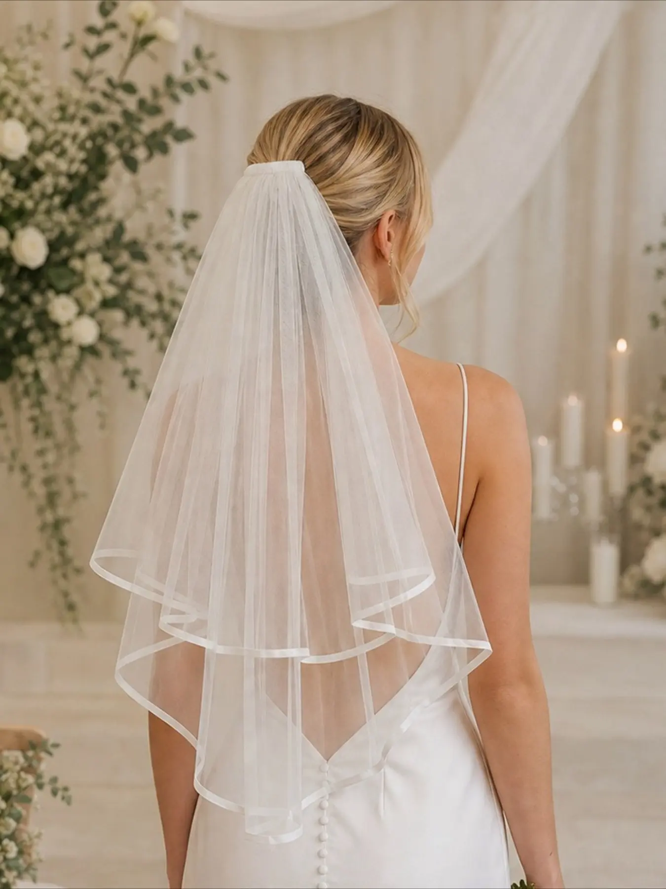 Elegant Two-Layer Satin Wedding Veil, Simple Plain Bridal Hair Accessory, Perfect for Short Veils Matching Wedding Dresses