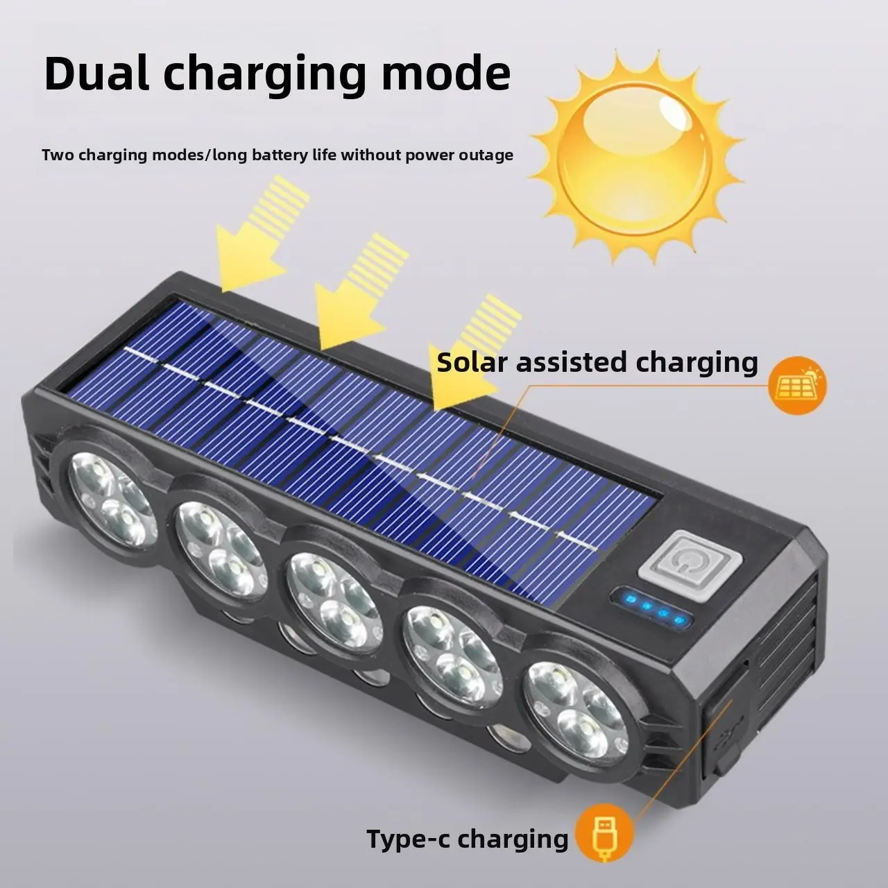 Solar Powered Bike Light, Long Range & Short Range Headlight, USB Rechargeable with Horn, Durable Design for Cycling