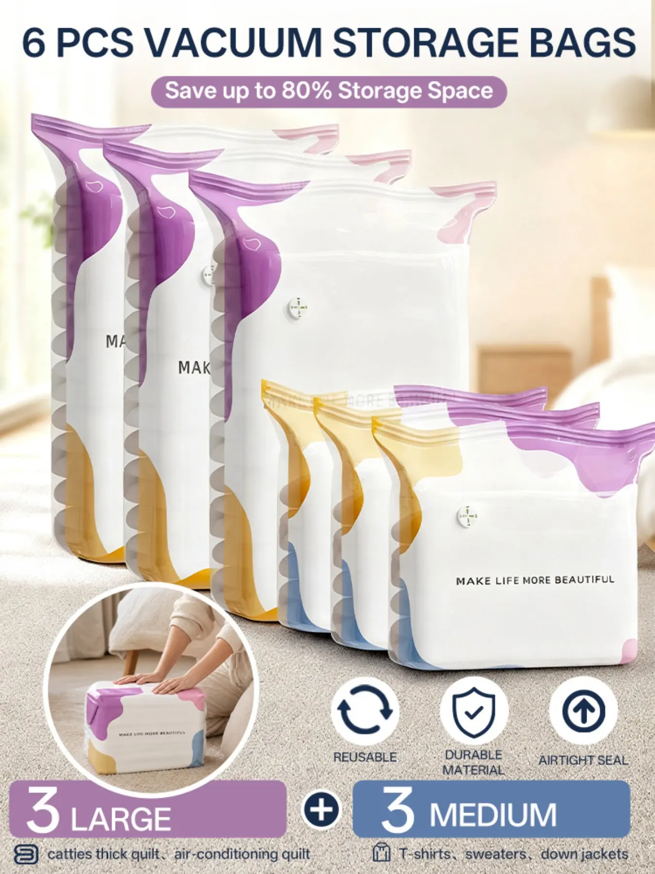Vacuum Storage Bags Set of 6, Space-Saving, Sealed Compression, Dustproof Moisture-Resistant, Ideal for Clothes and Bedding, Dorm, Closet, Moving