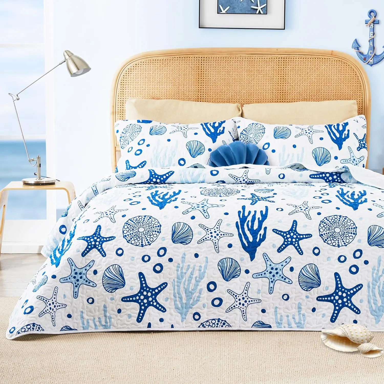 3-Piece Queen Coastal White Beach Theme Bedding Set - Lightweight Reversible Quilt Coverlet - All-Season Nautical Bedding for Summer Use, 3 Piece Set