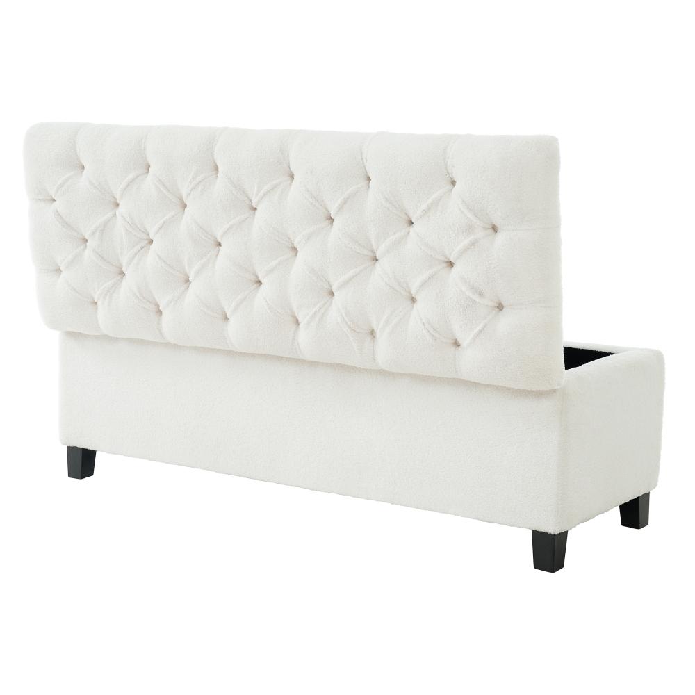 Ottoman Bench with Storage, White Boucle Surface, Rubber Wood Legs, 300 lbs Capacity