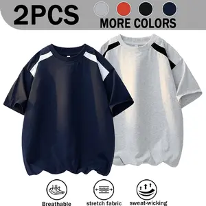 2PCS Men's Color Block Splicing Raglan Crew Neck Short Sleeve T-Shirt, Loose Drop Shoulder Oversize Fit, Stretch Fabric Breathable Sweat-Wicking American Retro Solid Versatile Summer Casual Half Sleeve Base Top, More Colors Available