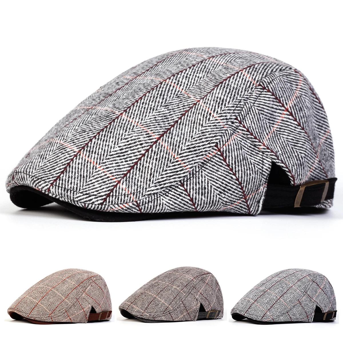 Men Retro Herringbone Grid Newsboy Caps British Painters Hats Side Buckle Adjustable Flat Cap Hip Hop Berets