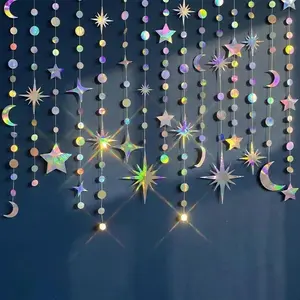 Iridescent Star Moon Circle Dot Hanging Garland Ramadan Eid Mubarak Decoration Twinkle Wedding Baby Shower Birthday Party Decor