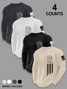 Men's Classic Flag Print Long Sleeve Top, Casual Fitted T-Shirt for All Seasons, Versatile Daily Wear, Unlined Plain Surface
