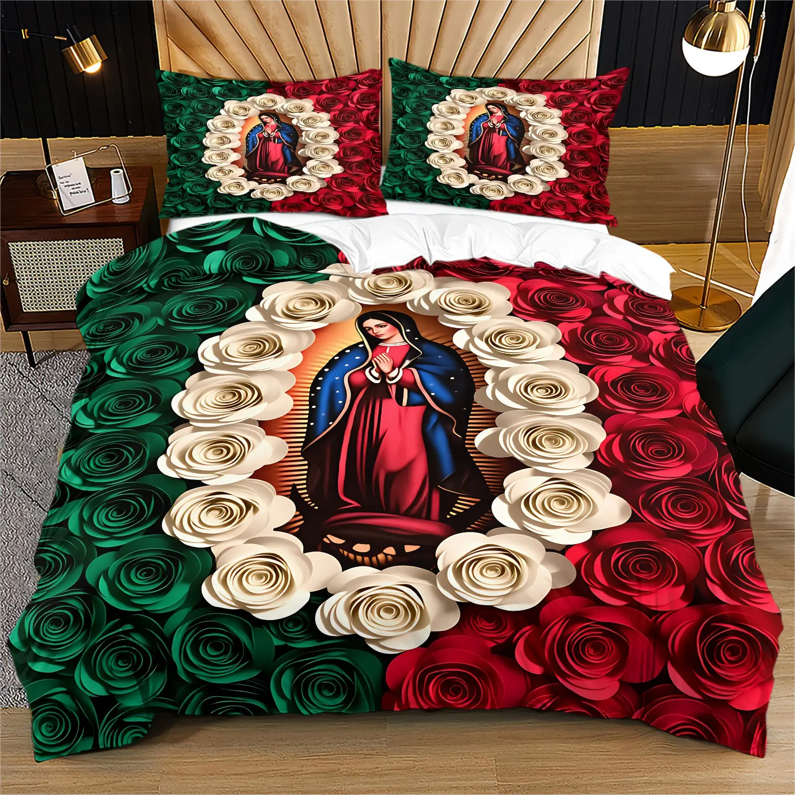 Rose Frame Virgin of Guadalupe Duvet Cover Set, Mexican Cultural Religious Ethnic Bedding, Dorm Apartment Decor