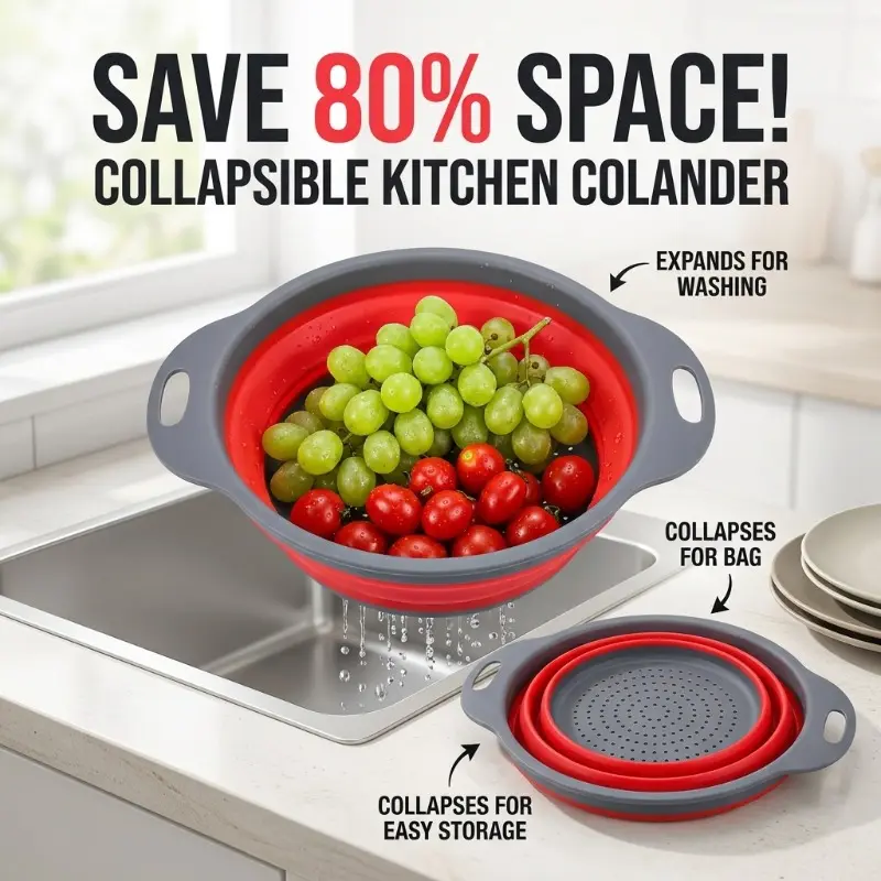 Foldable and retractable silicone round filter net, water filter basket, kitchen sink filter and fruit basket. Suitable for draining pasta, vegetables and fruits - essential for home use.