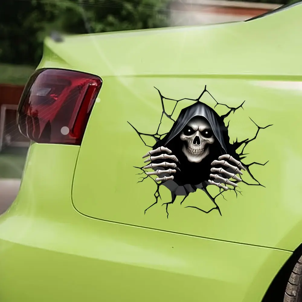 2D Horror Skull Flat Car Stickers - Double-Sided Peeking Crack Wall Decals, made of high-quality PVC with self-adhesive design, decorative ornaments with irregular shaped edges suitable for vehicles, laptops and walls