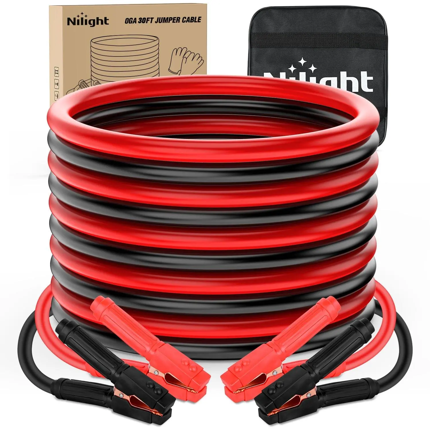 Nilight 0-Gauge 30 FT Heavy-Duty Automotive Jumper Cable - Emergency Car Battery Start Tool, High Current Support, Efficient Power Transfer, Tangle-Free Design, PVC Construction, Clamps, Storage Bag, Automotive Repair Gloves