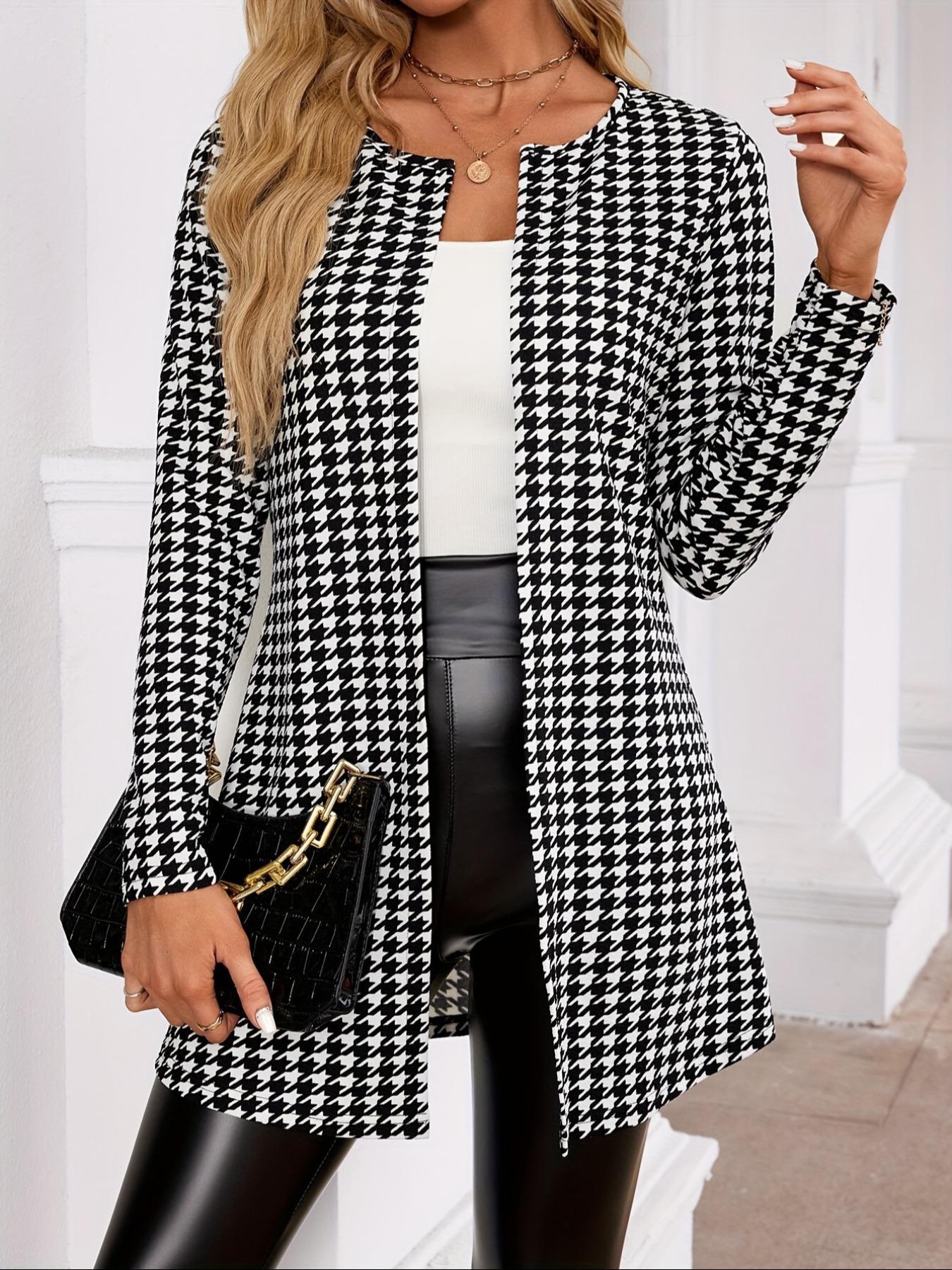 Women's Houndstooth Print Long Sleeve Open Front Jacket, Casual Elegant Outerwear for Spring & Fall, Ladies Clothes for Daily Wear, Womenswear