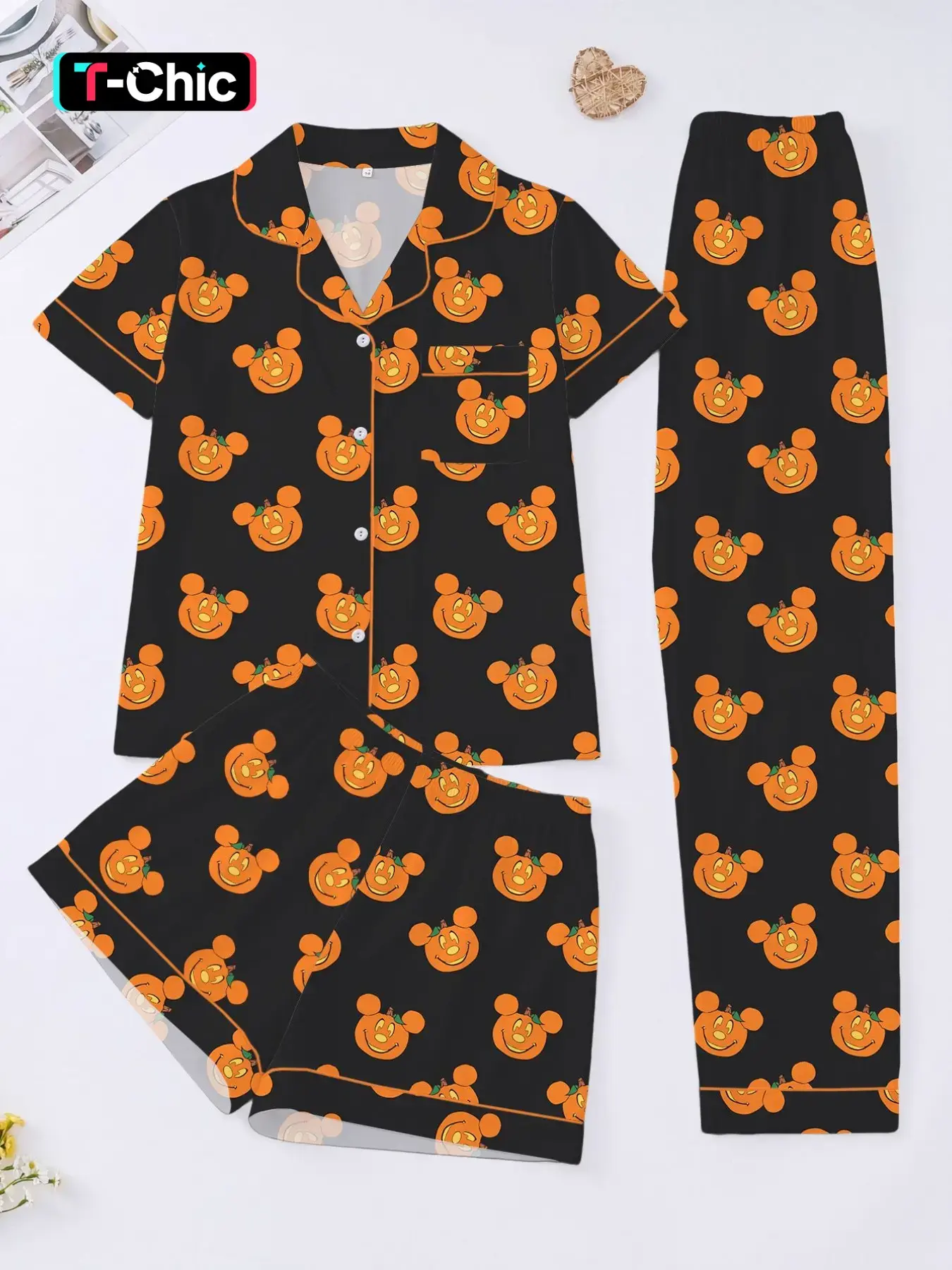 Halloween Pajama Set 3-Piece Cartoon Pumpkin Print, Short Sleeve Button Front Top, Elastic Shorts and Pants, Elegant Daily Wear Loungewear
