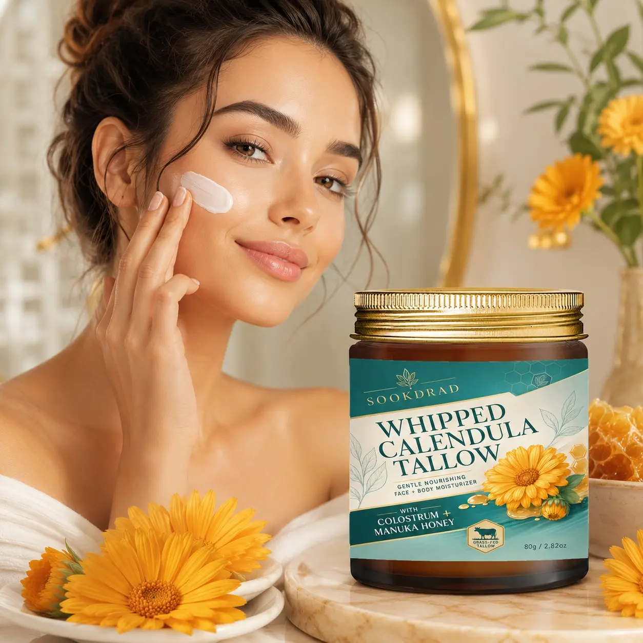 Whipped Calendula Tallow, with colostrum, manuka honey, grass-fed tallow, gentle nourishing, moisturizer, for face, for body, 80g/2.82oz