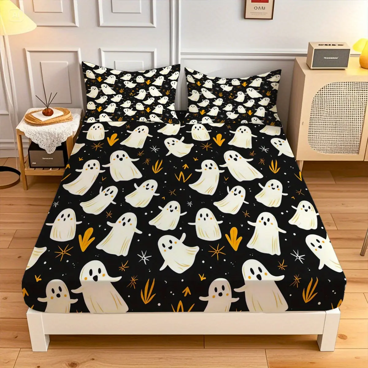 3PC Creative Fashion Halloween Ghost Bed , fitted mattress protector, polyester fabric, hypoallergenic, fully elastic, , easy to care for and machine washable, tear-resistant, perfect for all-season comfort in homes and guest rooms household microfib ligh