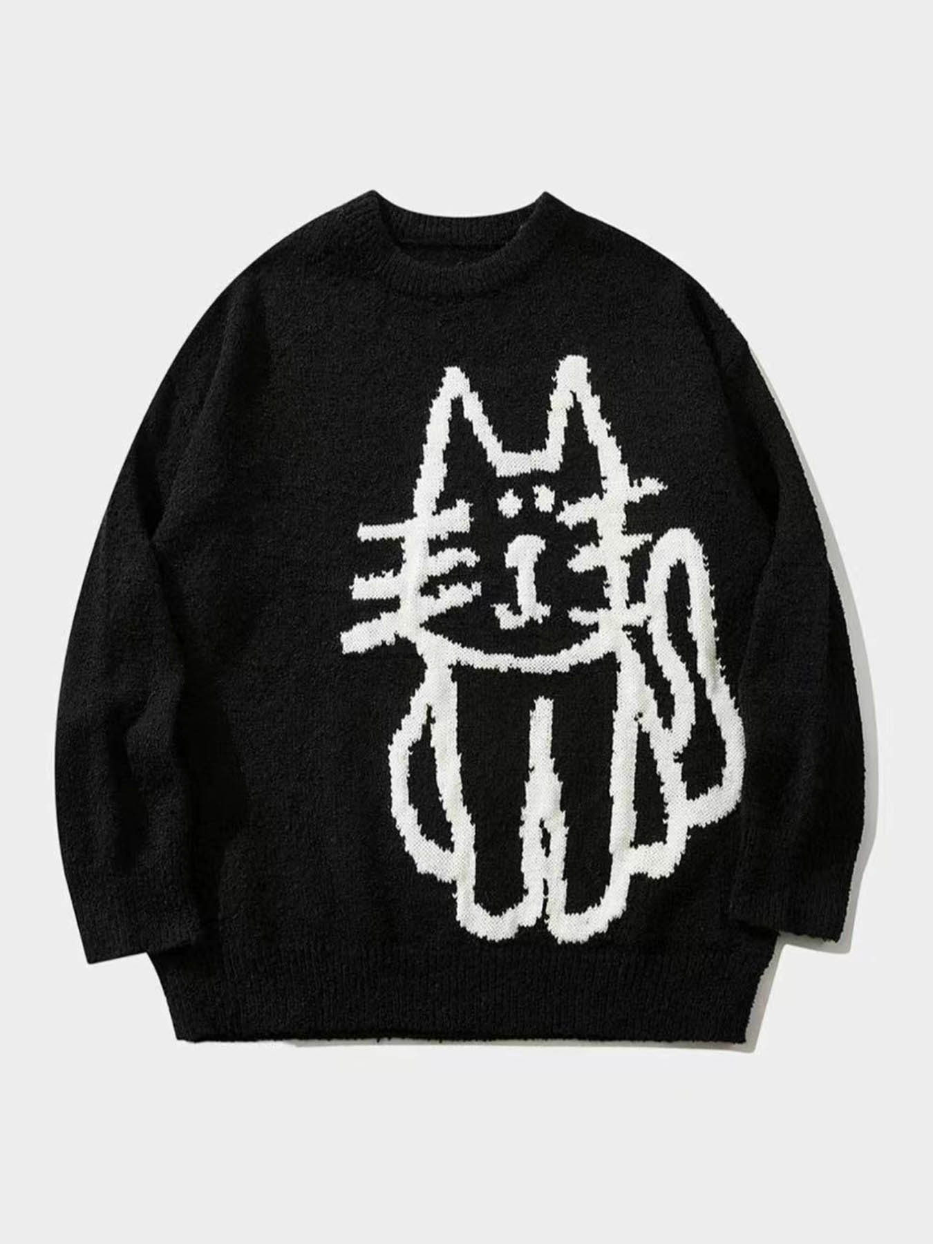 Autumn Winter New Cartoon Cat Pattern Long Sleeve Sweater Women's Small Design Retro Loose Knitted Shirt Lazy Style Round Neck Top