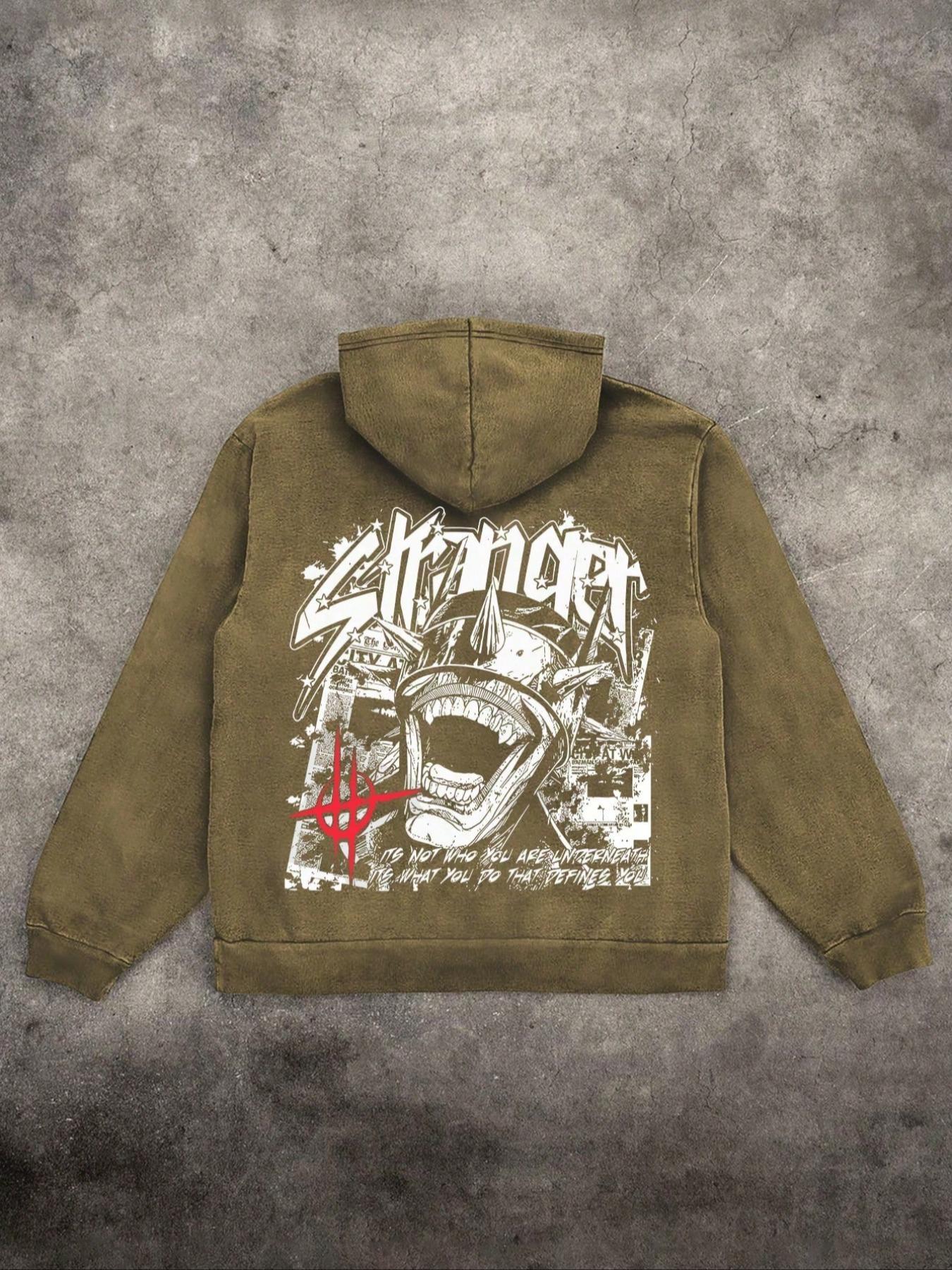 Men's Street Style Graphic Print Washed Distressed Drawstring Hoodie, Casual Comfy Long Sleeve Kangaroo Pocket Design Hooded Sweatshirt for Daily Wear