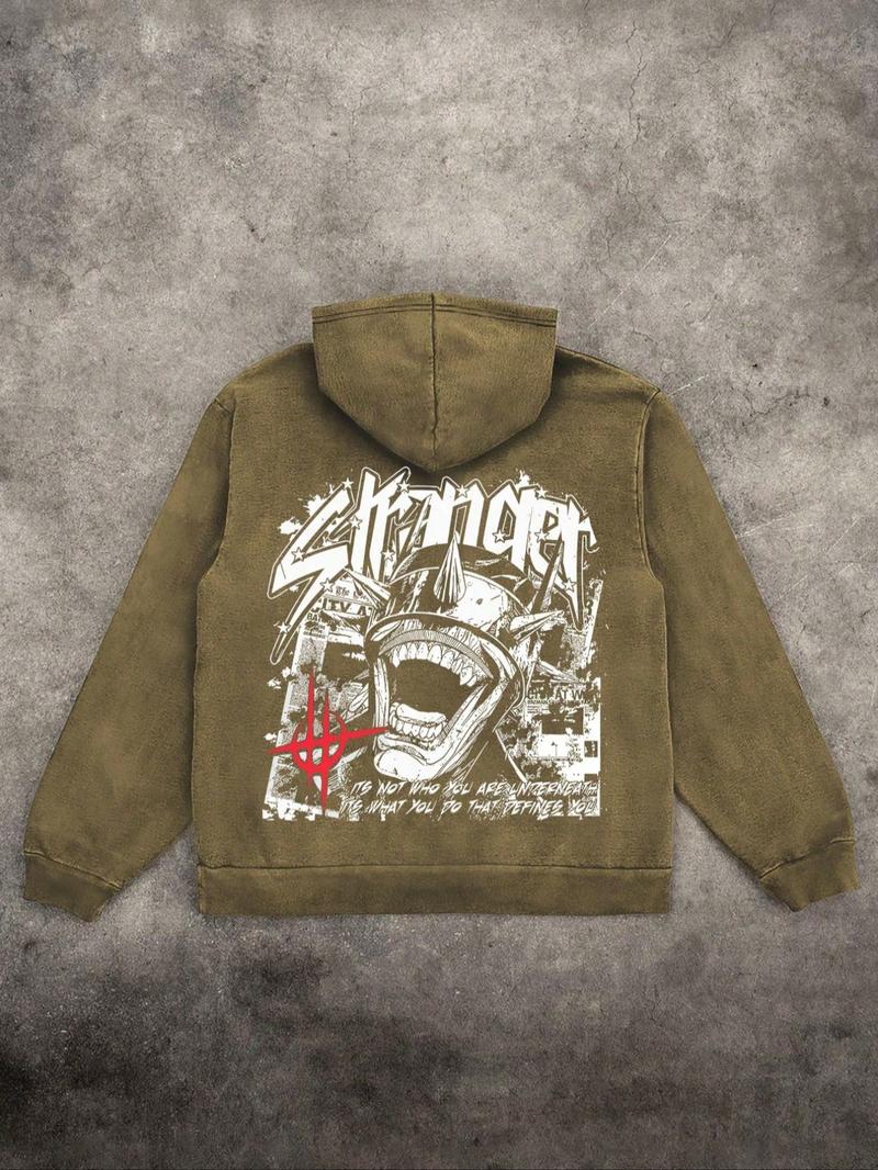 Men's Street Style Graphic Print Washed Distressed Drawstring Hoodie, Casual Comfy Long Sleeve Kangaroo Pocket Design Hooded Sweatshirt for Daily Wear