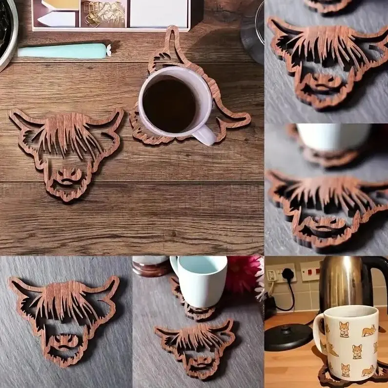 Animal Pattern Round Wooden Coaster, Highland Cow Heat Resistant Anti-Slip Cup Mat, Washable Table Pad for Home Room Decor Dining Use