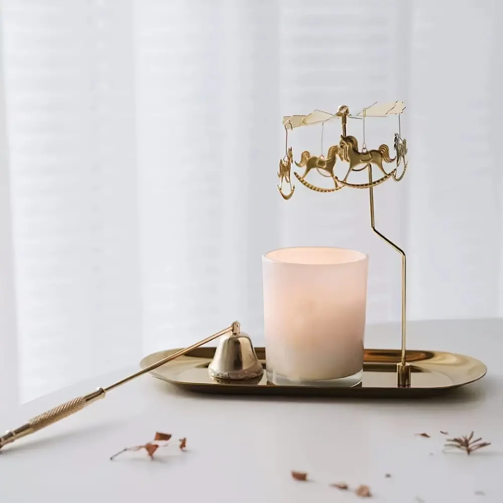 Golden Carousel Spinning Candle Holder with Tray - Stainless Steel Tea Light Stand for Table Centerpiece, Perfect for Valentine's Day & Party Decor