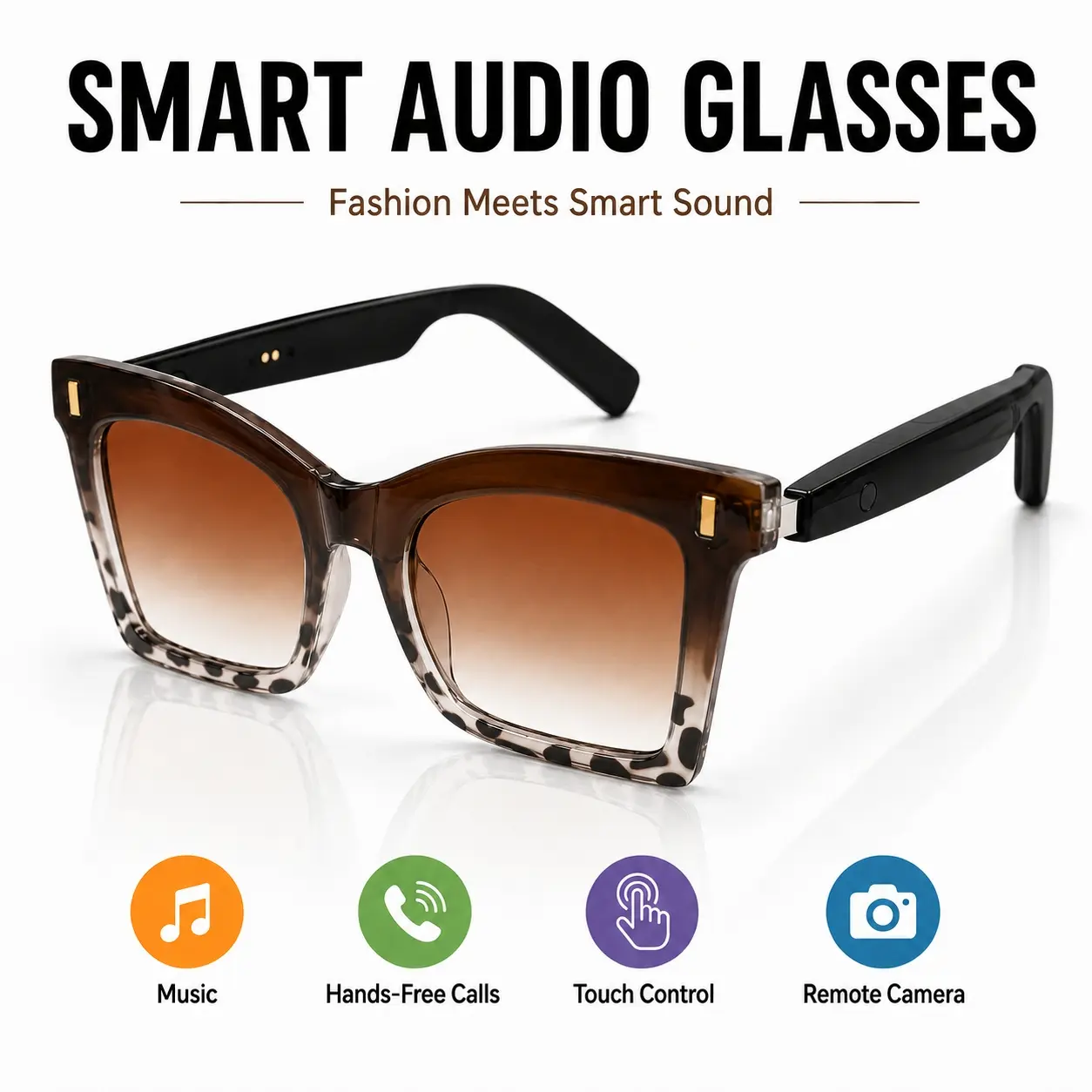 Smart Glasses, Bluetooth Audio Sunglasses with Open-Ear Speakers & Built in Mic, Hands-Free Calls, Touch Control, Voice Assistant, UV Protection for Men Women