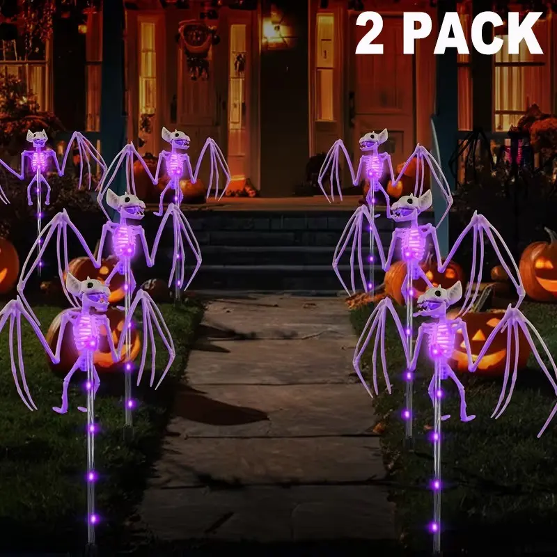 Halloween Outdoor Decorative Lights, Waterproof Solar Garden Lights, 3D Horror Bat Skeleton Lamp, Solar Path Light for Cemetery, Yard, House, Party