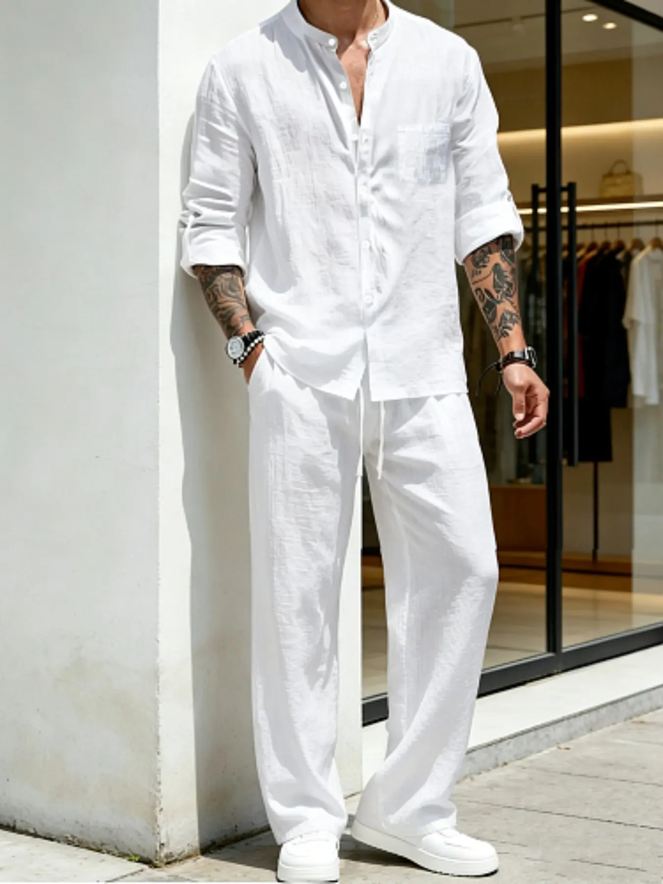 Men's Spring & Fall Linen Two-Piece Set, Stand Collar Long Sleeve Shirt, Loose Fit Drawstring Pants, Casual Fashion Suit