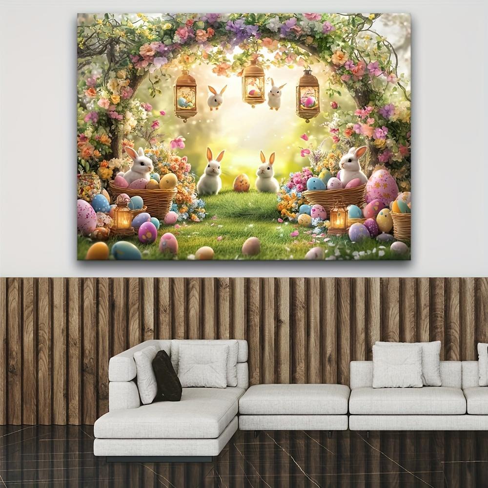 [Easter Spring Parties] 2D Flat - A 2D Flat Banner, One Piece of a Rustic Easter Arch Photo Backdrop Featuring Rabbits And Colorful Egg Baskets - a Vibrant Polyester Banner Suitable for Spring