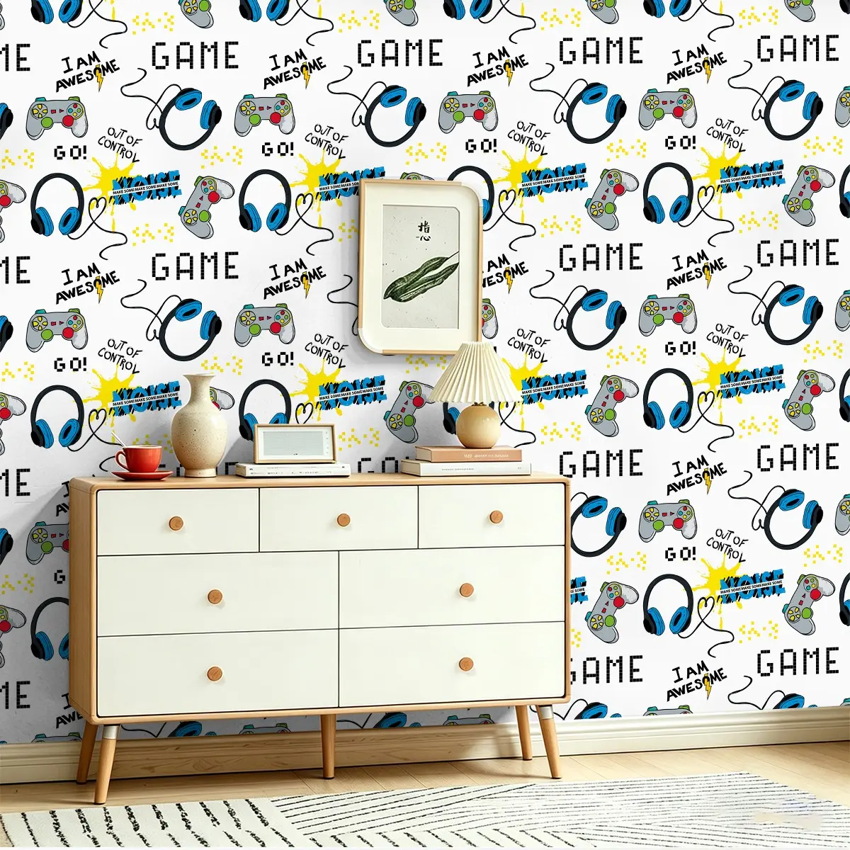Seamless Peel and Stick Wallpaper, Gaming Elements Print, Removable PVC Wall Decal, Home Decor, Bathroom, Dorm, Bedroom, Restaurant