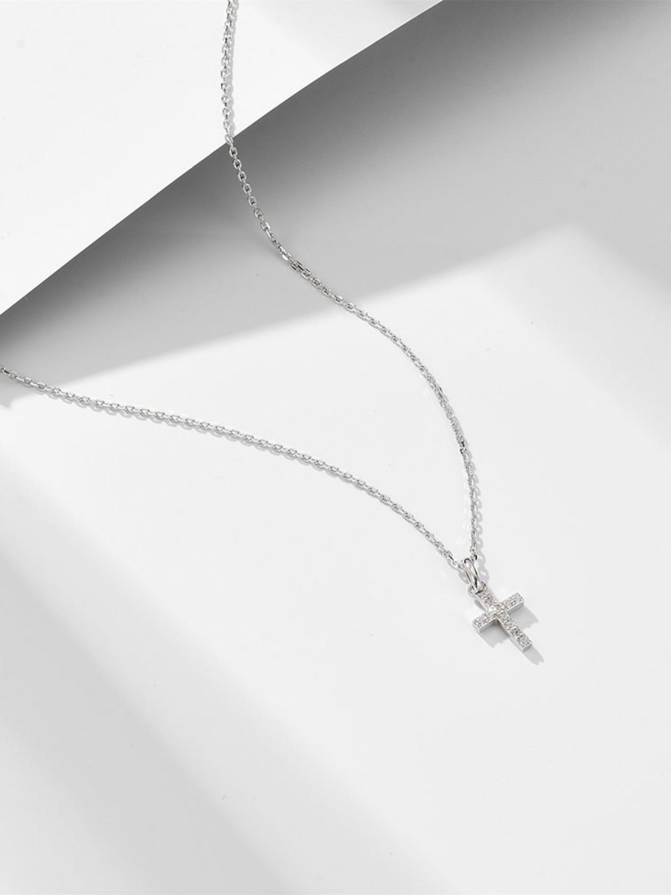 925 Sterling Silver Synthetic Zircon Inlaid Cross Pendant Necklace, Fashion Jewelry for Party, Daily Clothing Decor, Trendy All-match & Exquisite Jewelry for Gift, Cross Design Pendant