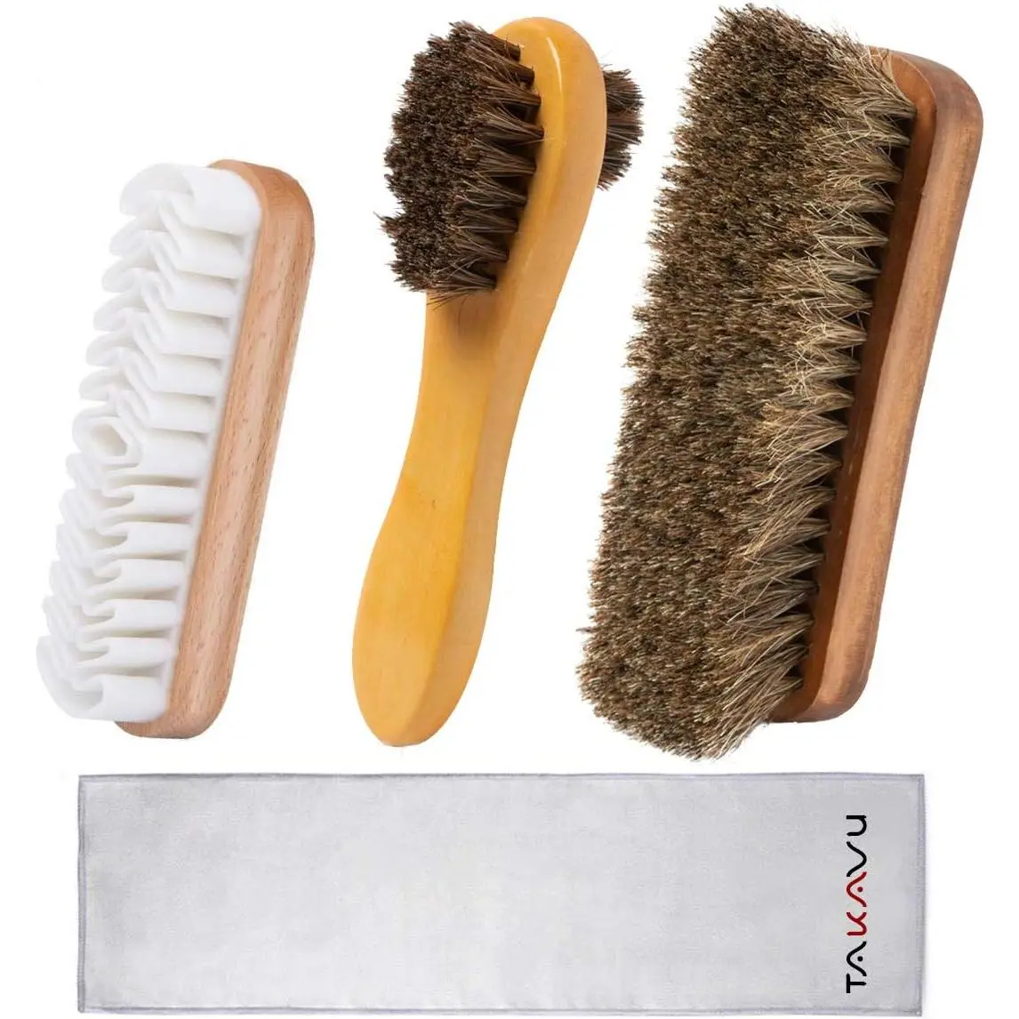 Shoe Shine Brushes Kit (4PCS) -  Soft Horsehair Bristles Brush, Polish Applicator, Crepe Suede Shoes Brush, Microfiber Buffing Cloth for Shoes, Leather, Boot, Cloth, Bag