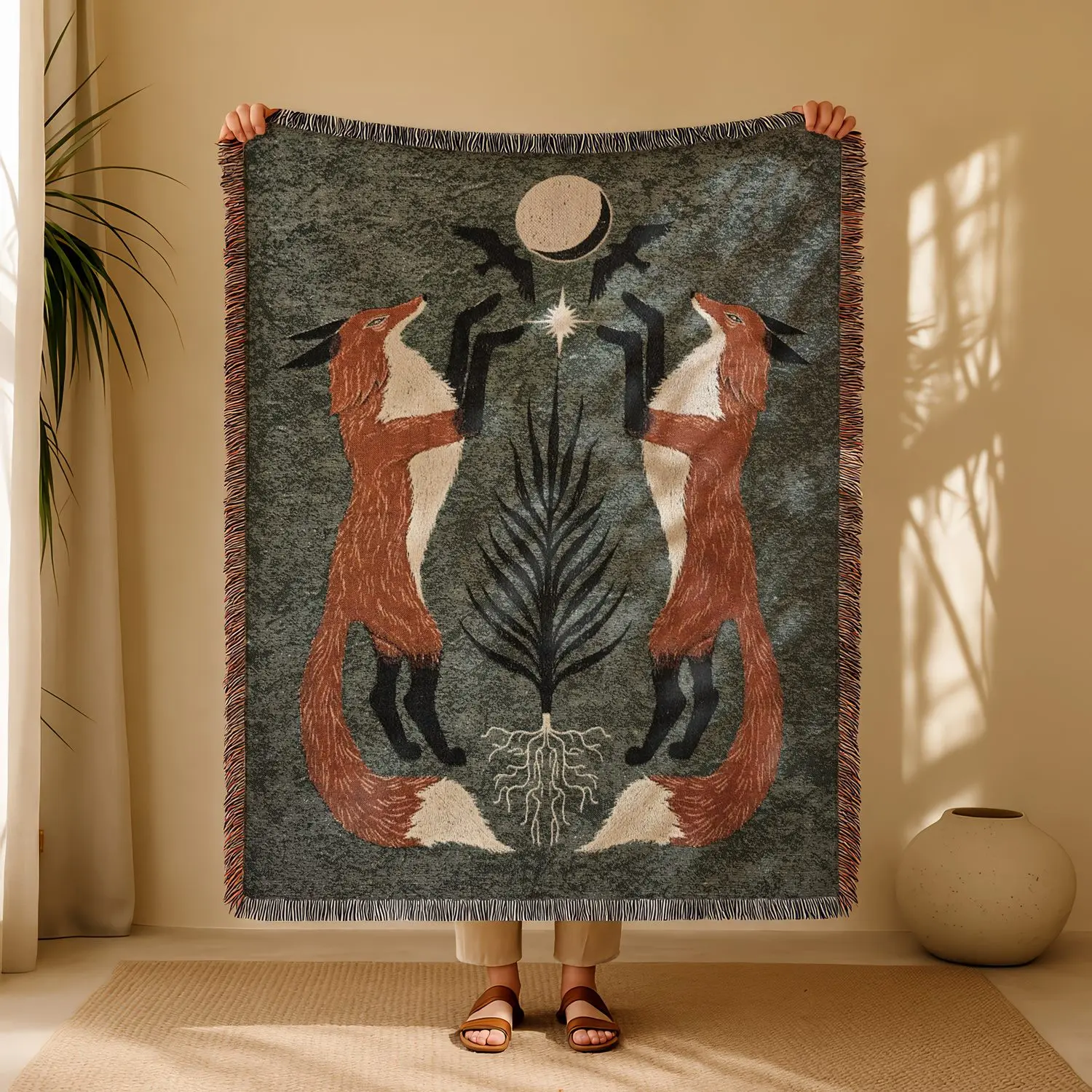 Fox Totem Bohemian Yarn Jacquard Woven Blanket with Tassel, Thick Soft Washable Blanket, Used for Home Decor Sofa Chair Bed Tapestry Tablecloth Floor Garden Picnic Outdoor Camping, Jacquard Throw Blanket
