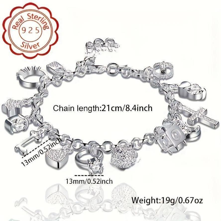 925 Sterling Silver Heart Key Charm Bracelet |   Handmade Cuban Link |   13 Dainty Charms |   Boho-Chic Sparkling Women’s Jewelry (Viral Boho Bracelet)