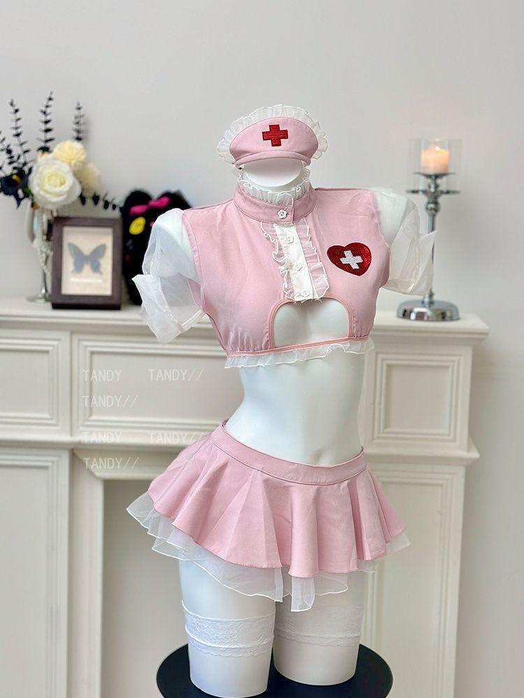 Pink Nurse Lingerie Set Sexy Cosplay Costume Outfit Clothes Cropped  Polyester Ruffle Top & Sheer Mini Skirt for Cosplay Events
