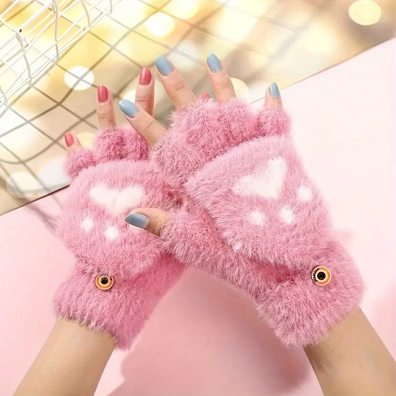 Cat Paw Soft Fuzzy Lined Flip Up Down Top Fingerless Mitten Gloves Cute Aesthetics Winter Warm Gloves