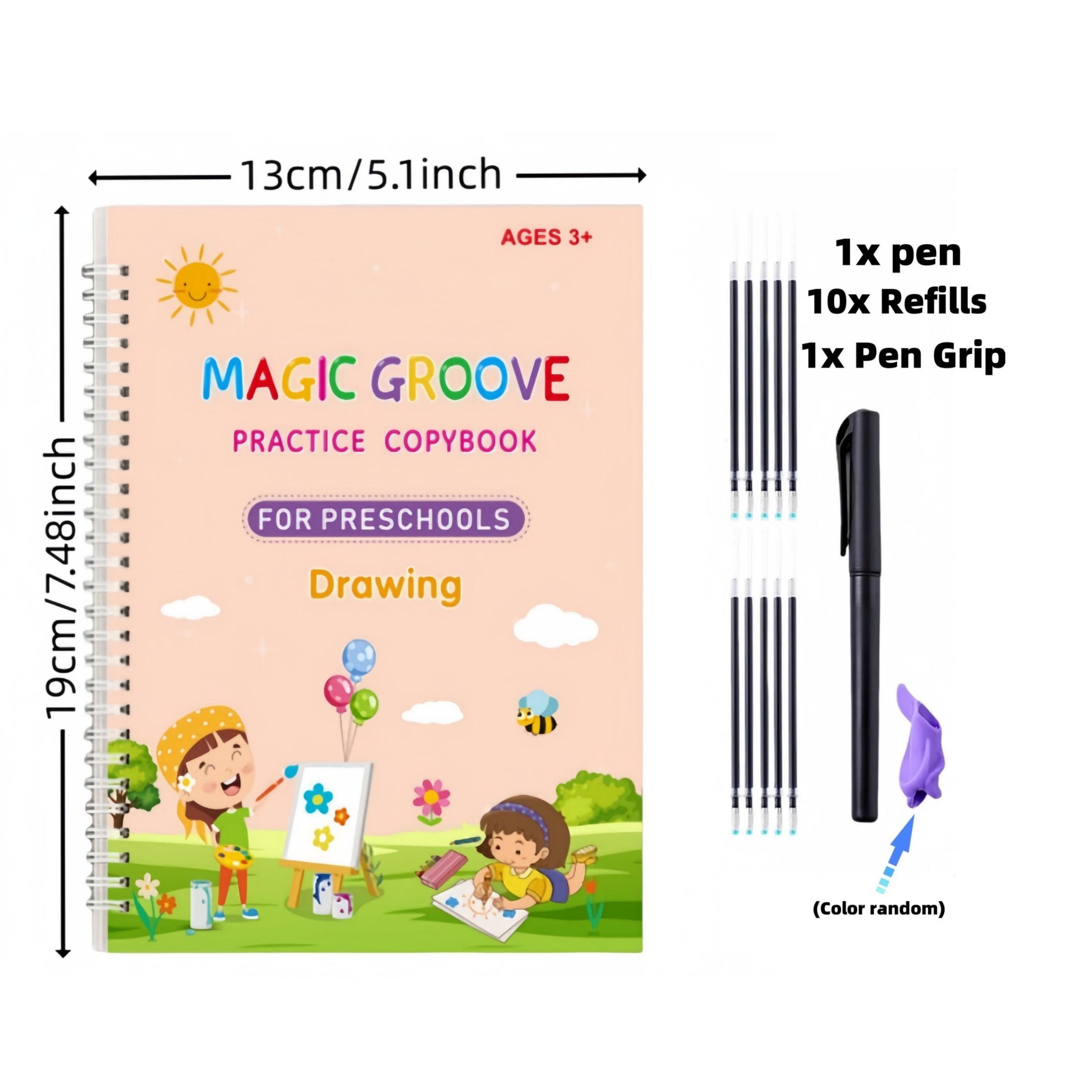 Magic Practice Scribe Book Set, 4 Counts/set Reusable Number & Letter & Math & Drawing Practice Scribe Book with 1 Count Pen, 10 Counts Refills & 1 Count Pencil Grip, Tracing Preschool Books