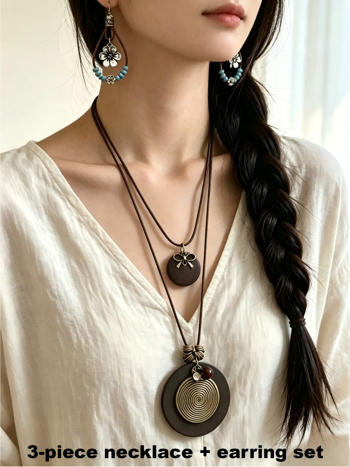 3-Piece Set Long Pendant Necklace, Vintage Earrings, Bohemian Style, Fall Winter Sweater Jewelry, Retro Fashion Accessories