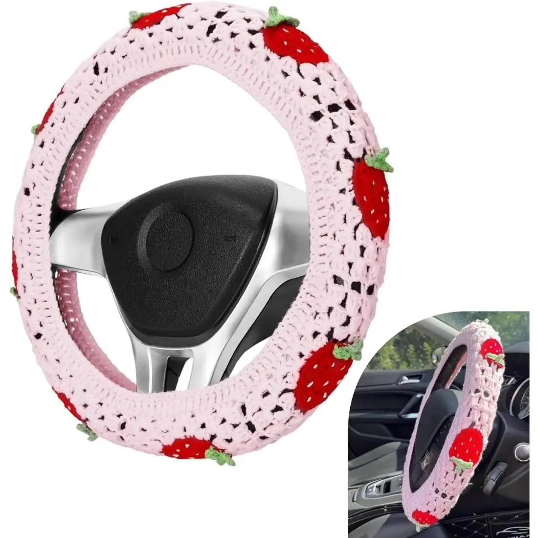 Handmade Crochet Steering Wheel Cover - Boho Strawberry Motif, Soft Non-Slip Grip, 14-15" Universal Size, Automotive Steering Wheel Decor, Fits Most Car Accessories for Daily Drive Aesthetic Interiors