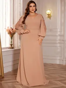 Plus Size V Neck Bubble Long Sleeve Evening Gown, Rhinestone Waist Decoration, Floor-Length Formal Dress, Wedding Guest, Graduation Dance, Party, Womenswear